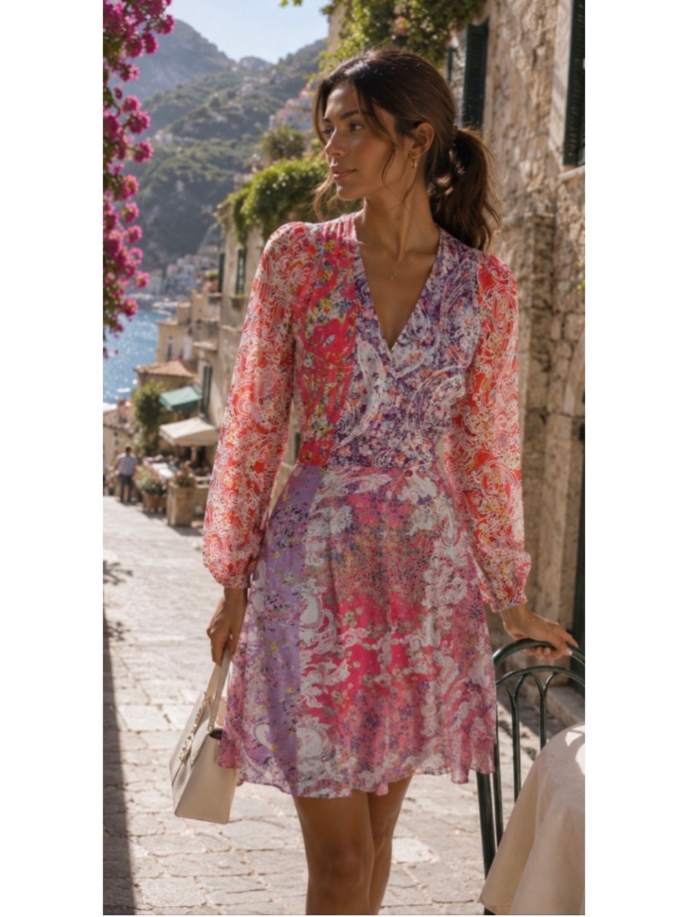 Etro Long Sleeve Dress in Pink and Purple Paisley, Size 6 Italian